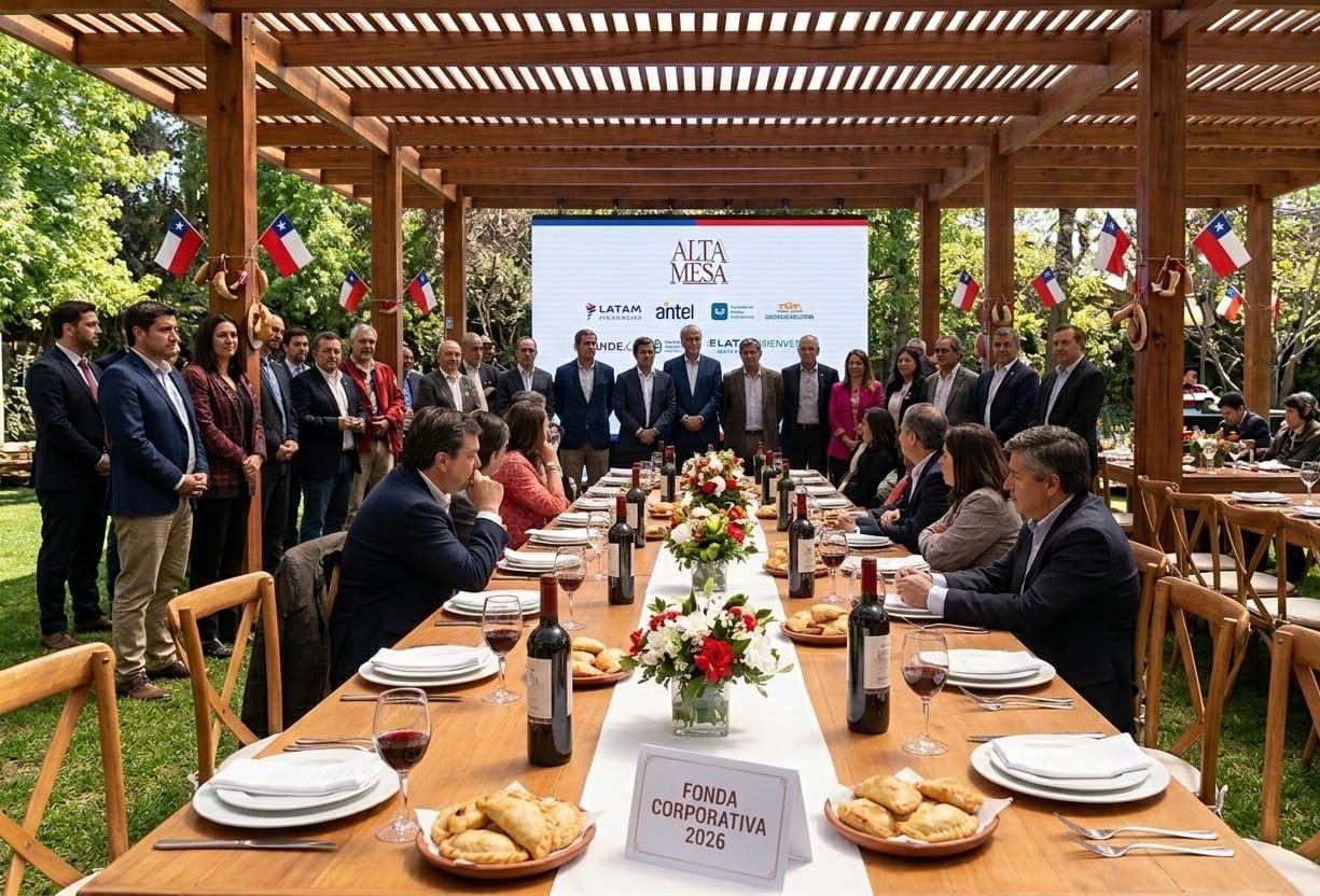 Mesa de banquete montada al aire libre para un evento corporativo