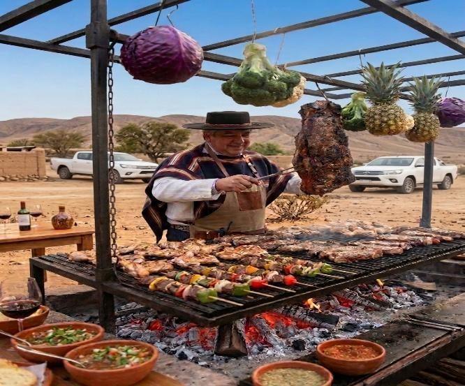 Parrillero preparando carnes a las brasas